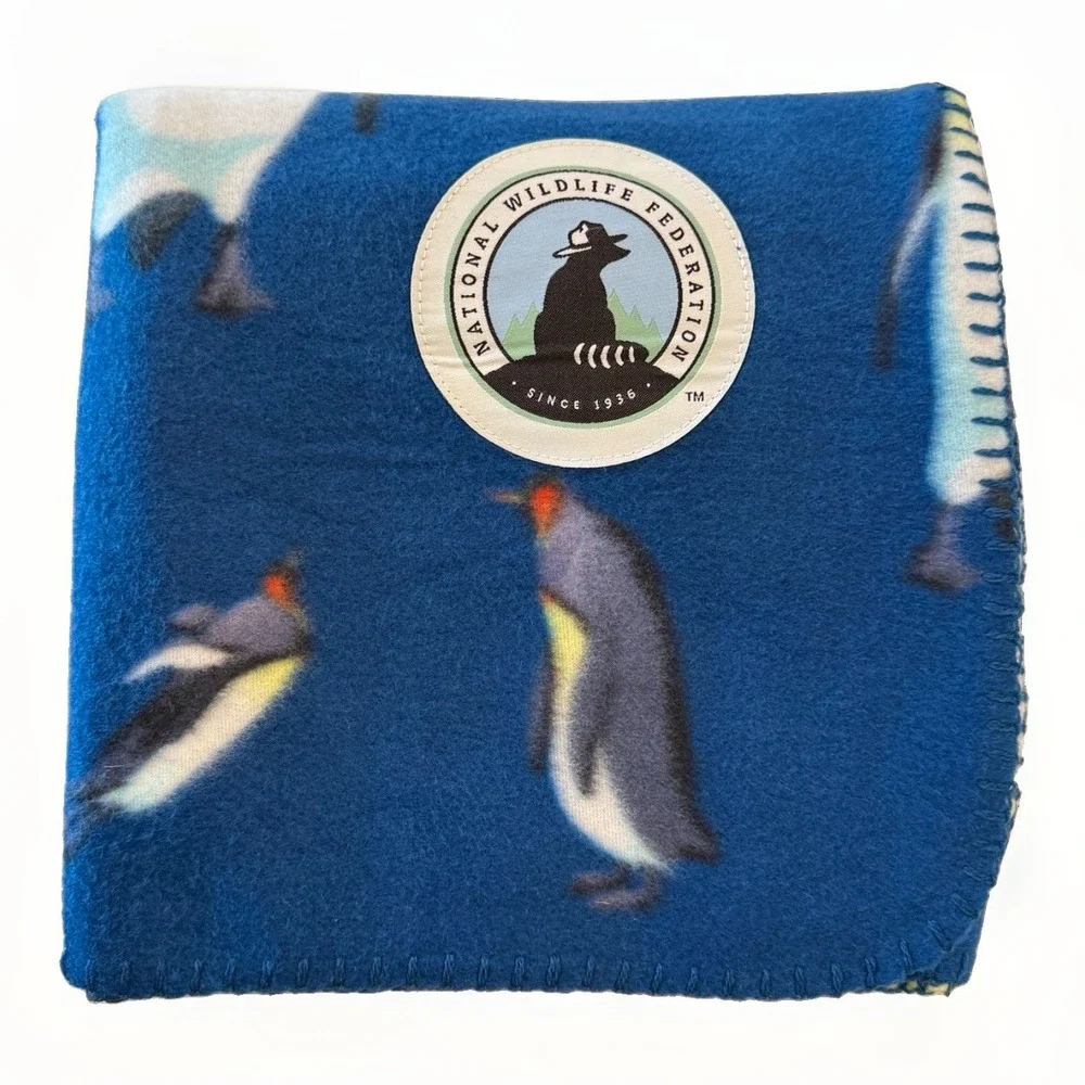 National Wildlife Federation Penguin Fleece Throw Blanket Blue Animal 41x55 NWOT